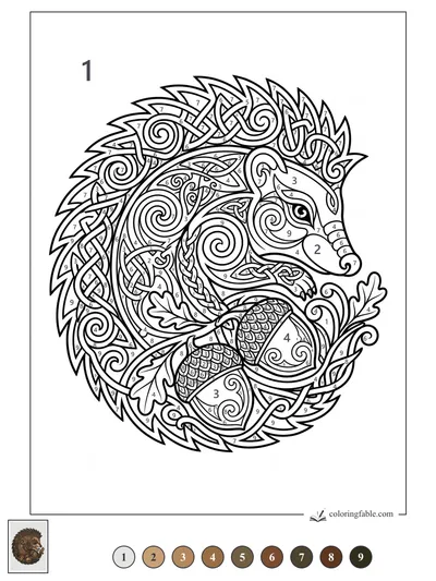 Celtic Hedgehog Curled Around Acorns — color by number