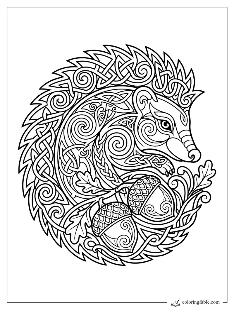Intricate Celtic hedgehog with spiral quills, knotwork, oak leaves, and two acorns