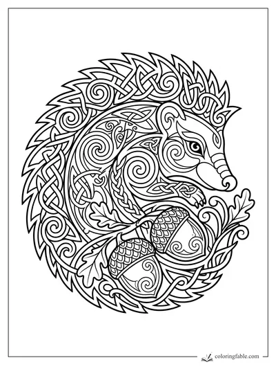 Intricate Celtic hedgehog with spiral quills, knotwork, oak leaves, and two acorns