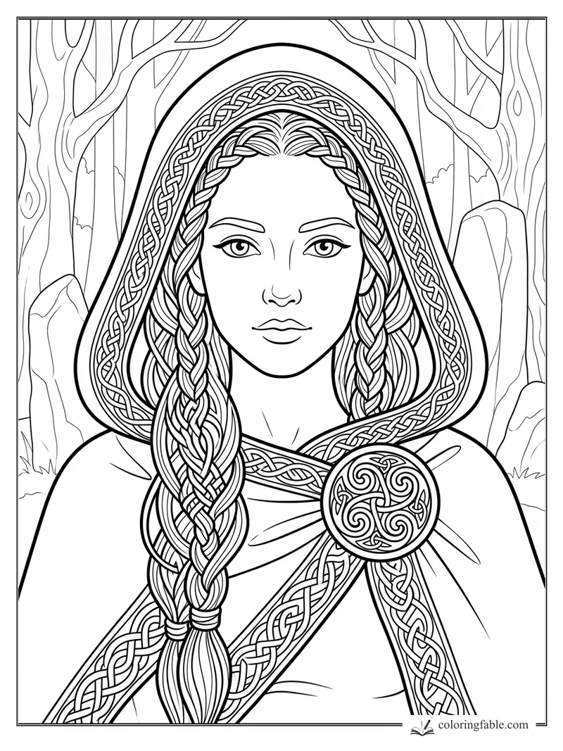 Intricate Celtic girl coloring page with braided hair, knotwork hood, forest trees, stones, and round cloak brooch.