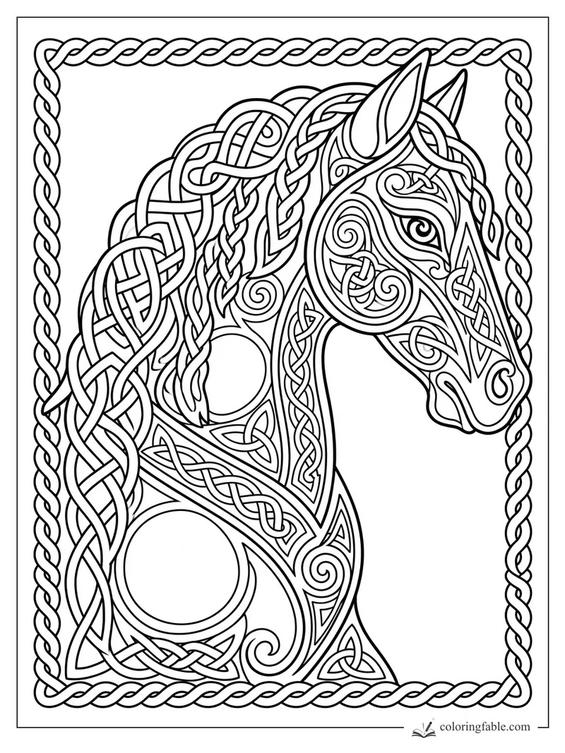Intricate Celtic horse head with braided mane, spiral markings, and rope knotwork border