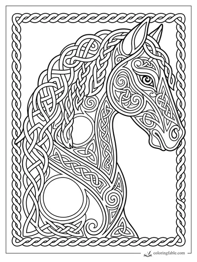 Intricate Celtic horse head with braided mane, spiral markings, and rope knotwork border