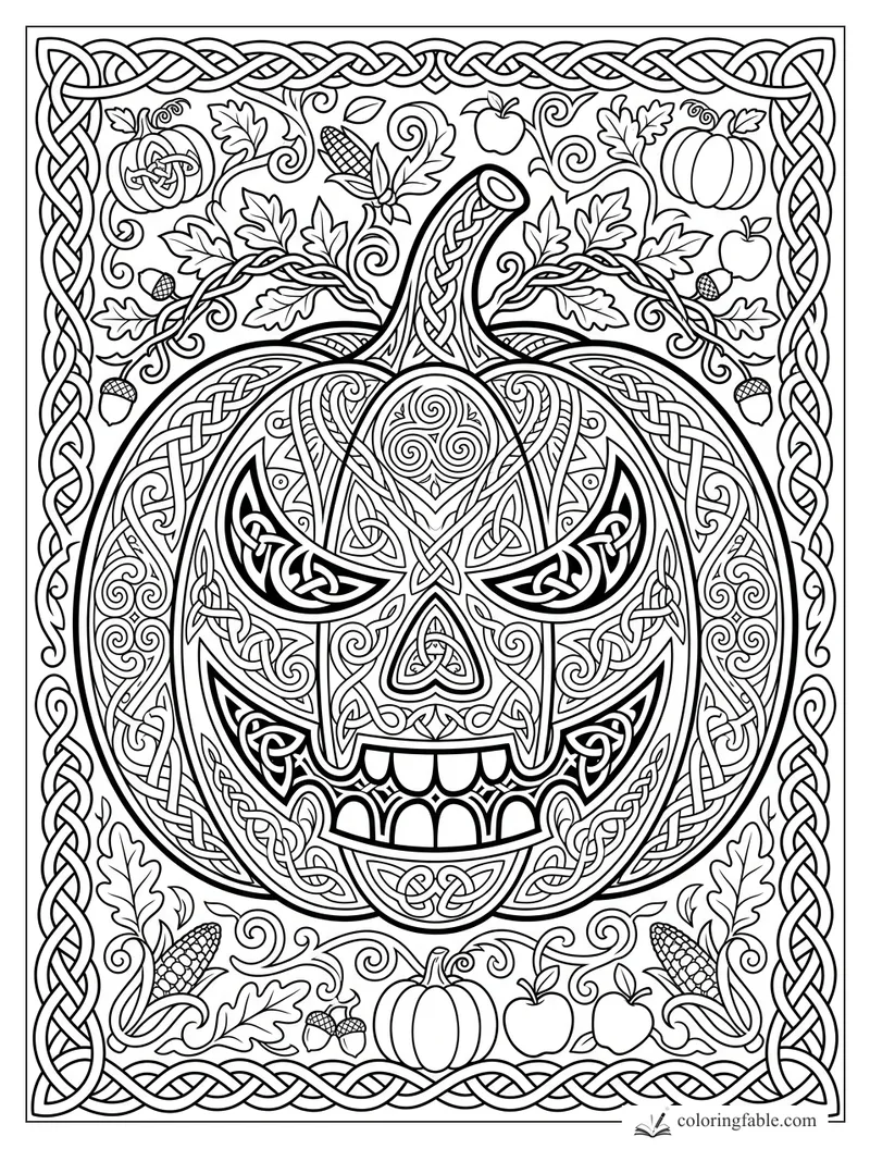 Intricate Celtic jack-o’-lantern with knotwork face, vines, pumpkins, corn, acorns, apples, and braided border.