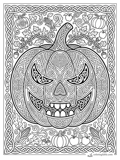 Intricate Celtic jack-o’-lantern with knotwork face, vines, pumpkins, corn, acorns, apples, and braided border.