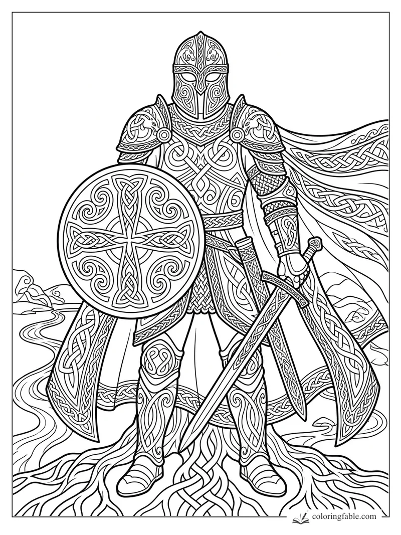 Intricate Celtic knight holding a knotwork shield and sword, with patterned armor and windblown cloak