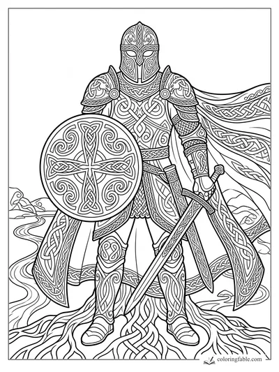 Intricate Celtic knight holding a knotwork shield and sword, with patterned armor and windblown cloak