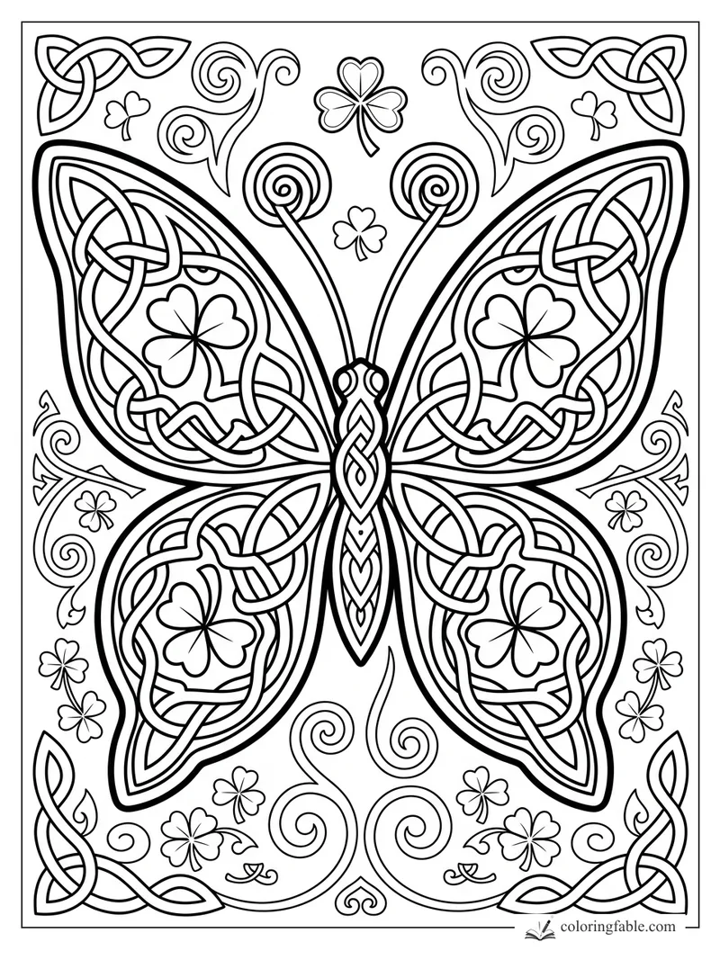 Intricate Celtic butterfly coloring page with knotwork wings, clovers, spirals, and corner triquetra designs