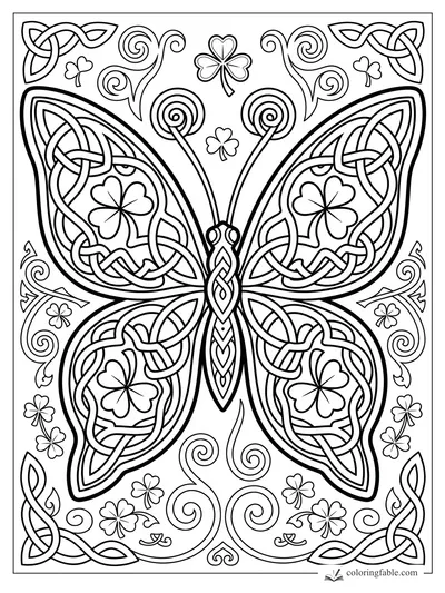 Intricate Celtic butterfly coloring page with knotwork wings, clovers, spirals, and corner triquetra designs
