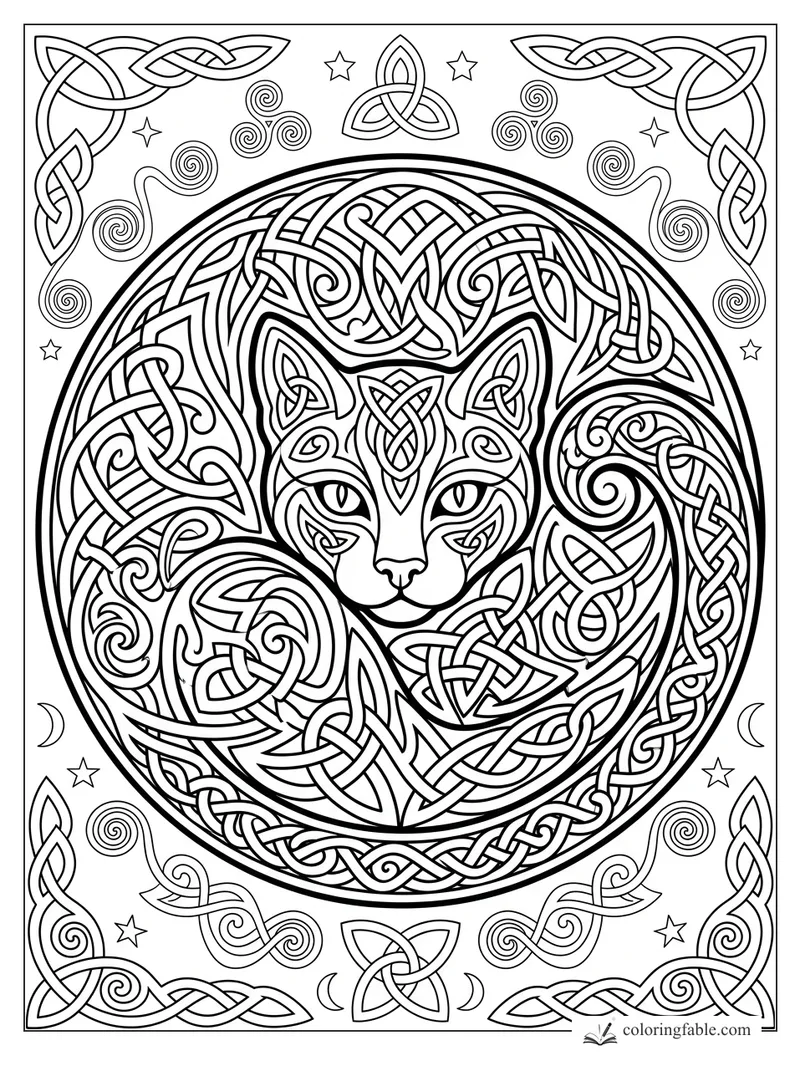 Intricate Celtic cat face inside a knotwork circle with stars, moons, spirals, and braided corner borders.