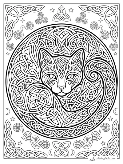 Intricate Celtic cat face inside a knotwork circle with stars, moons, spirals, and braided corner borders.