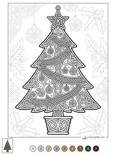 Celtic Knot Christmas Tree with Holly and Baubles — color by number