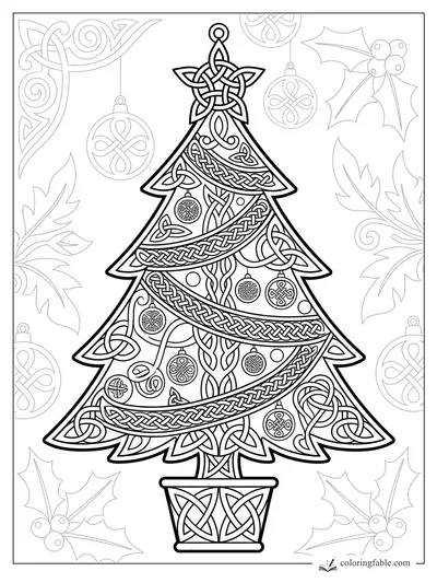 Intricate Celtic Christmas tree with knotwork garlands, star topper, ornaments, holly leaves, and hanging baubles.