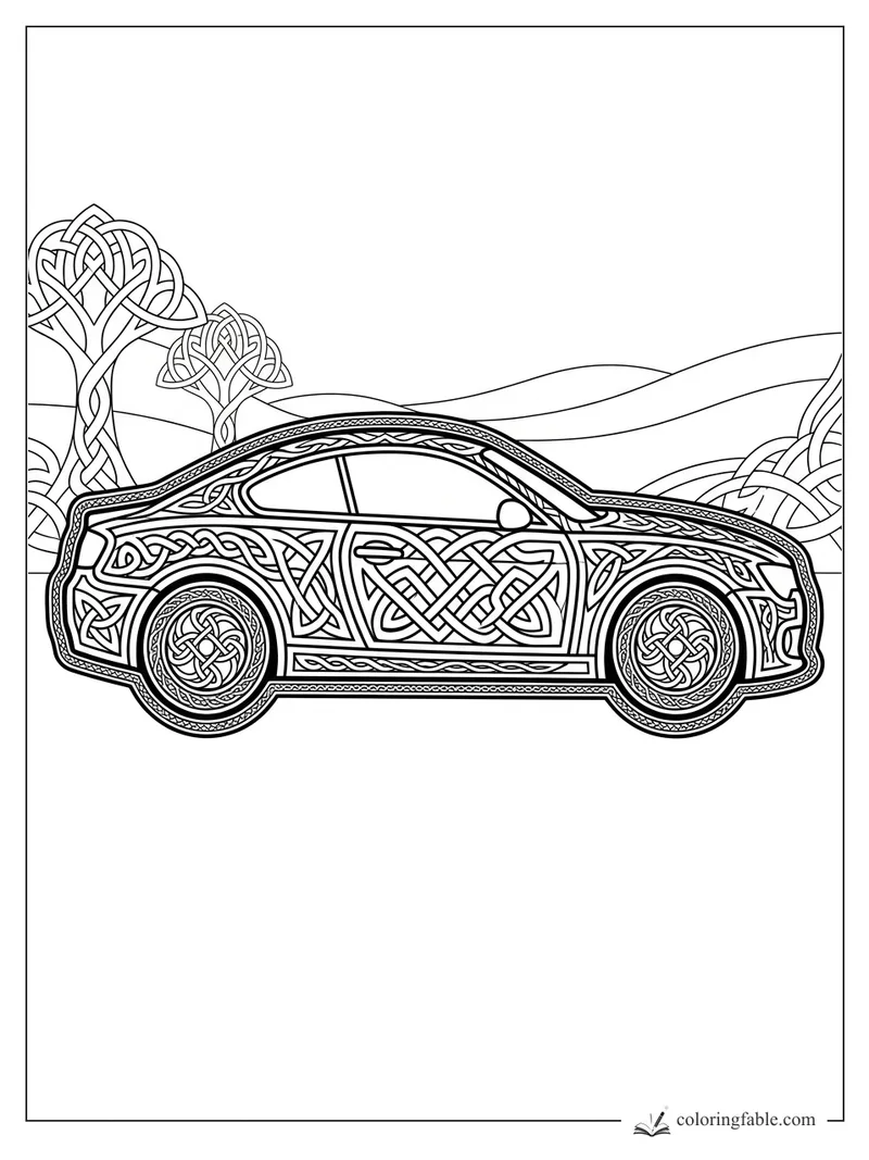 Intricate Celtic knot sports coupe with woven wheels, patterned trees, and rolling hills