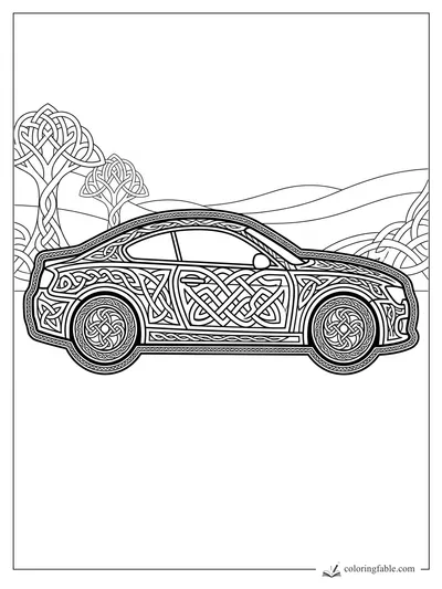 Intricate Celtic knot sports coupe with woven wheels, patterned trees, and rolling hills