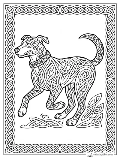Intricate Celtic dog coloring page with knotwork body, curled tail, leafy ground motifs, and braided border.