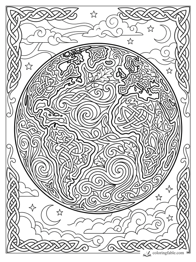 Intricate Celtic Earth coloring page with knot borders, continents, clouds, stars, and crescent moons