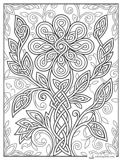 Intricate Celtic flower coloring page with looped petals, braided stem, curling vines, and leaf border