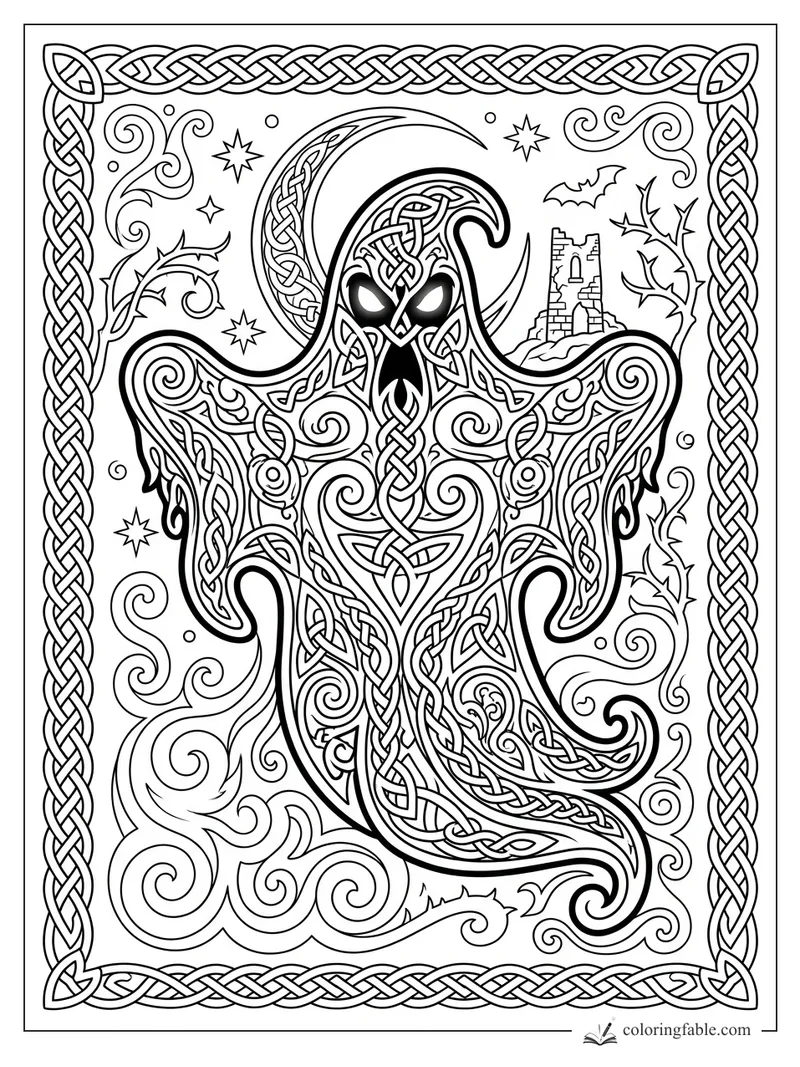 Intricate Celtic ghost with glowing eyes, knotwork robe, crescent moon, bats, ruined tower, and braided border.