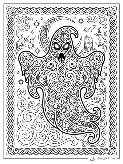 Intricate Celtic ghost with glowing eyes, knotwork robe, crescent moon, bats, ruined tower, and braided border.