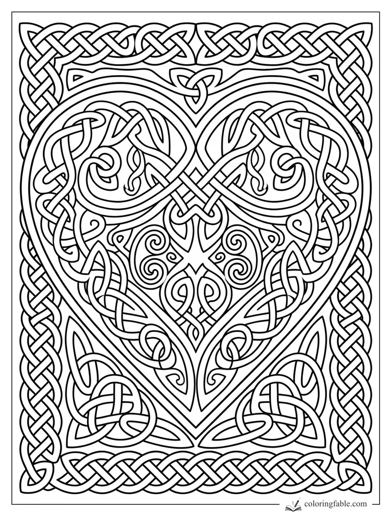 Intricate Celtic heart coloring page with interlaced knots, spirals, triquetra, and braided border