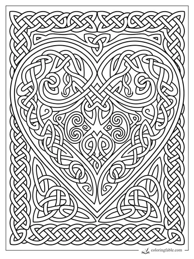 Intricate Celtic heart coloring page with interlaced knots, spirals, triquetra, and braided border