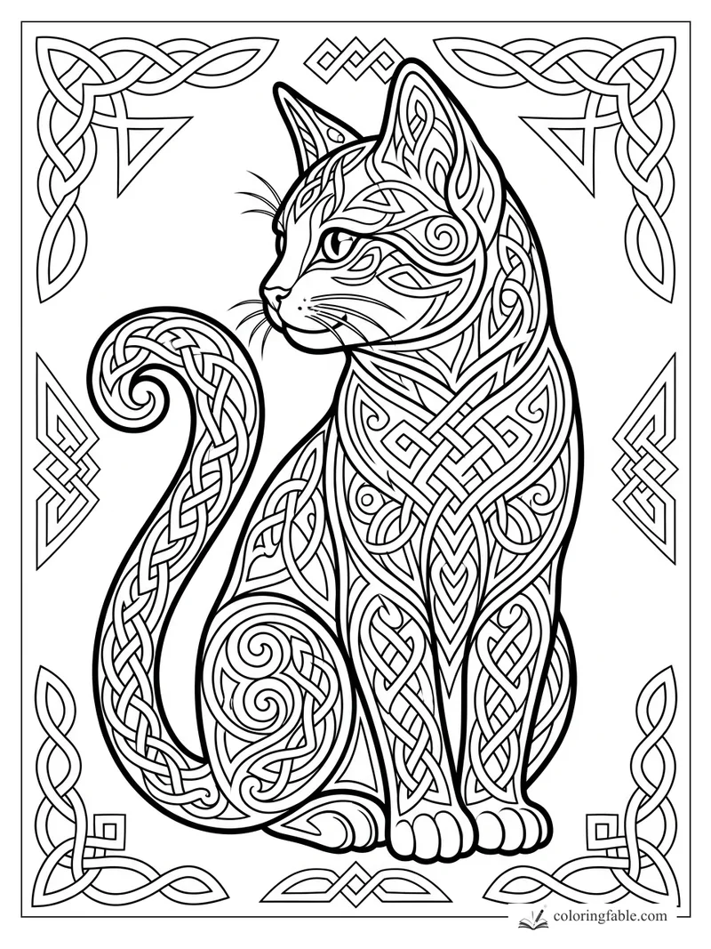 Intricate Celtic kitten coloring page with braided tail, knotwork fur, corner borders, and geometric ornaments.
