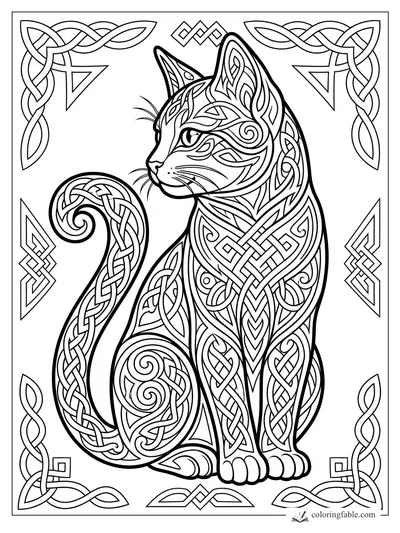 Intricate Celtic kitten coloring page with braided tail, knotwork fur, corner borders, and geometric ornaments.