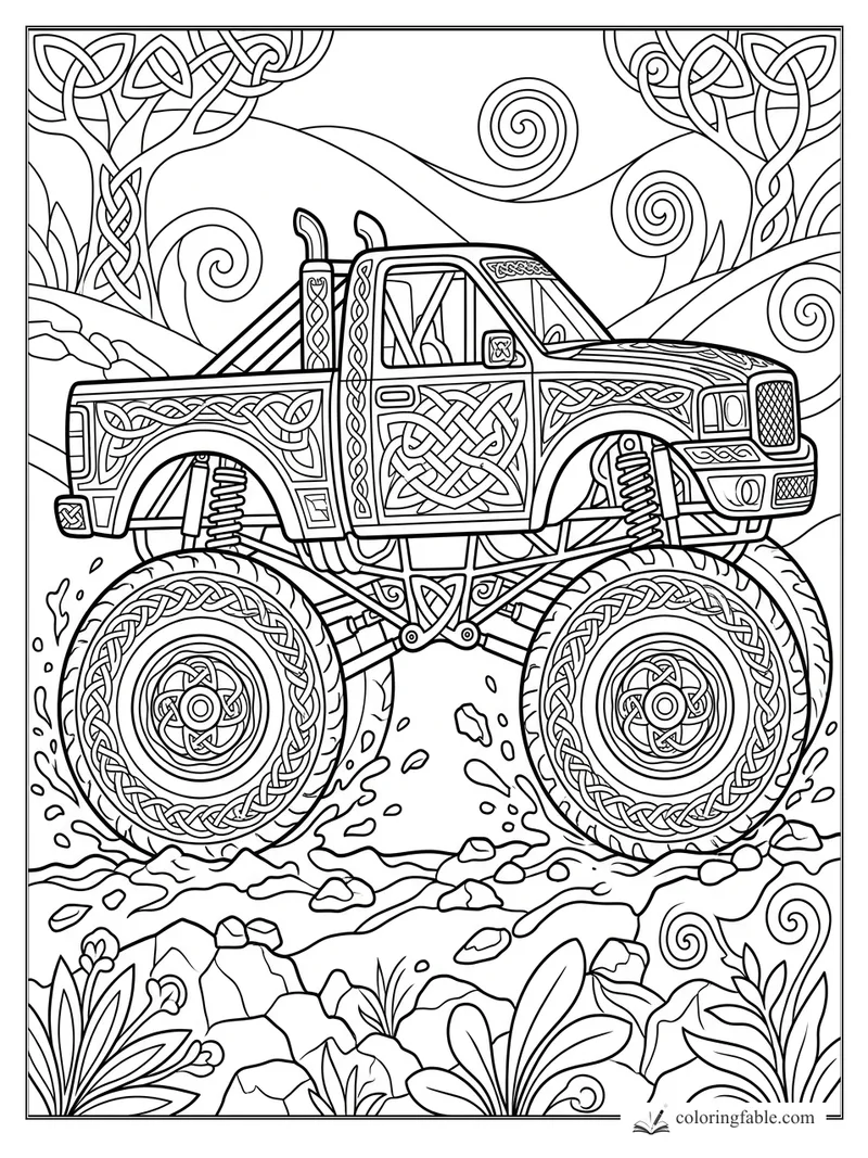 Intricate Celtic monster truck with knotwork tires, lifted shocks, rocky trail, hills, and spiral vines.