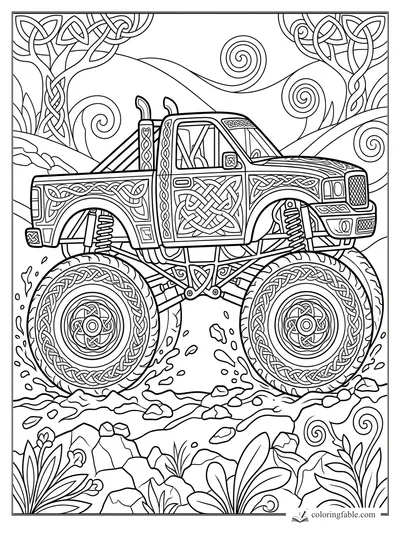 Intricate Celtic monster truck with knotwork tires, lifted shocks, rocky trail, hills, and spiral vines.