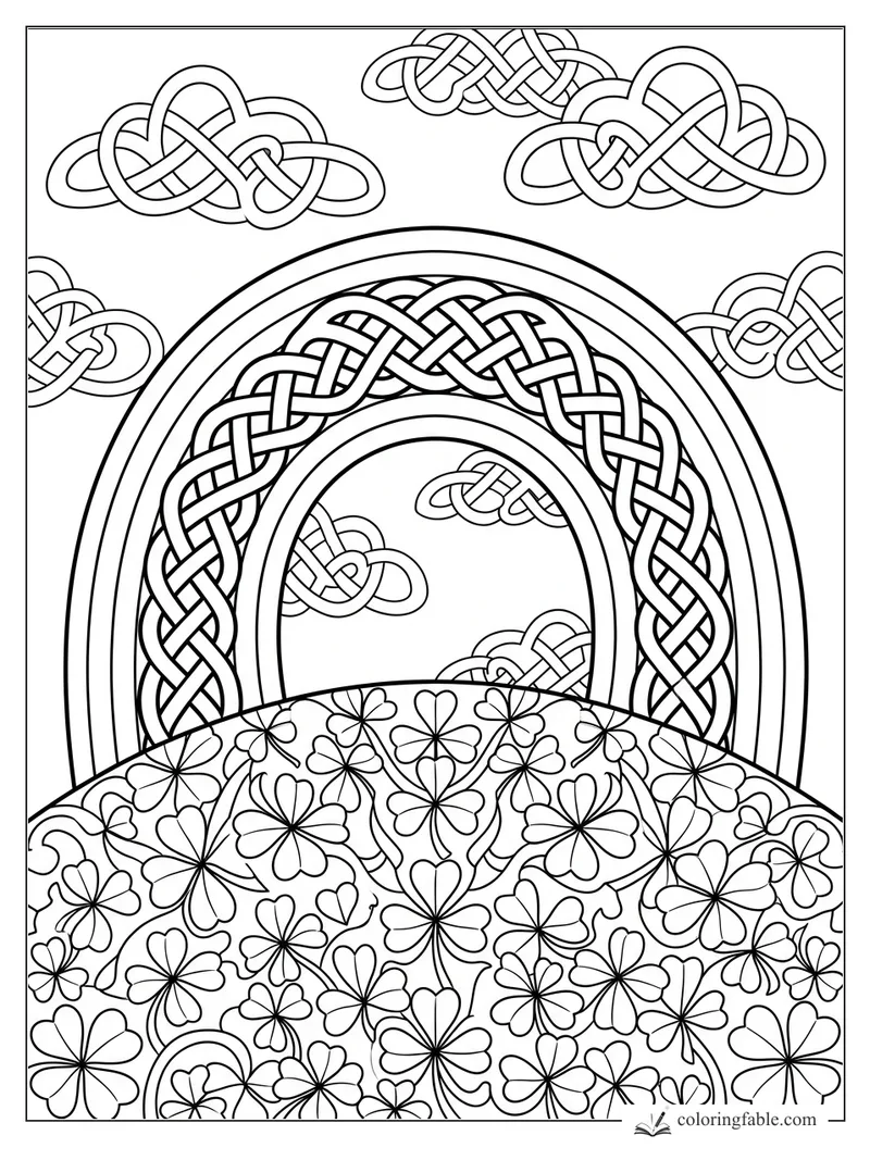Intricate Celtic knot rainbow over a hill of clovers with woven knot clouds