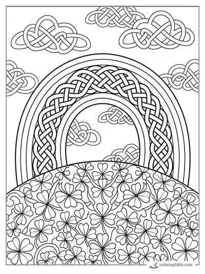 Intricate Celtic knot rainbow over a hill of clovers with woven knot clouds