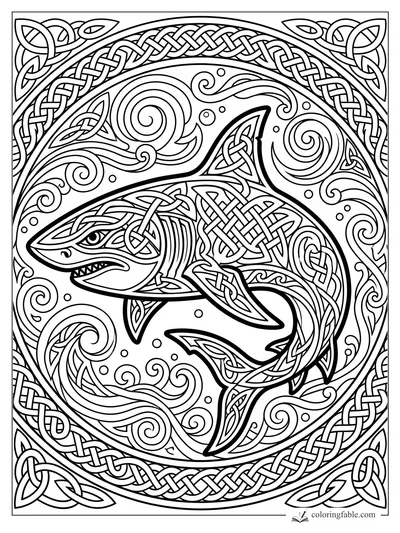 Intricate Celtic shark with knotwork fins, sharp teeth, bubbles, spiraling waves, and braided border