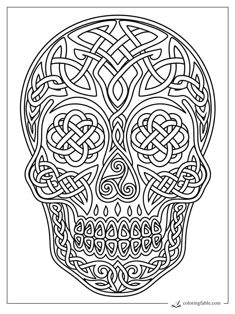 Intricate Celtic sugar skull coloring page with knotwork eyes, braided cheeks, swirls, and patterned teeth.