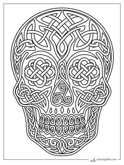 Intricate Celtic sugar skull coloring page with knotwork eyes, braided cheeks, swirls, and patterned teeth.