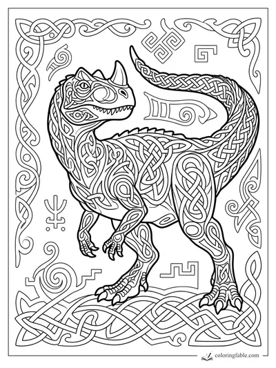 Intricate Celtic T. rex coloring page with knotwork body, curled tail, spirals, and woven border