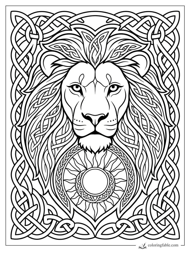 Intricate Celtic lion face with braided mane, knotwork border, and round sun medallion.