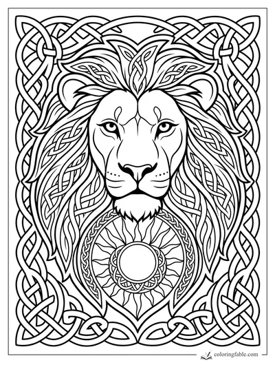 Intricate Celtic lion face with braided mane, knotwork border, and round sun medallion.