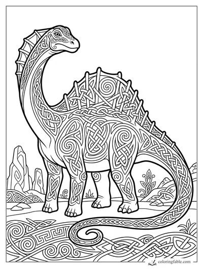 Intricate Celtic long-neck dinosaur with knotwork body, spined back, spiral tail, rocks, and patterned ground.