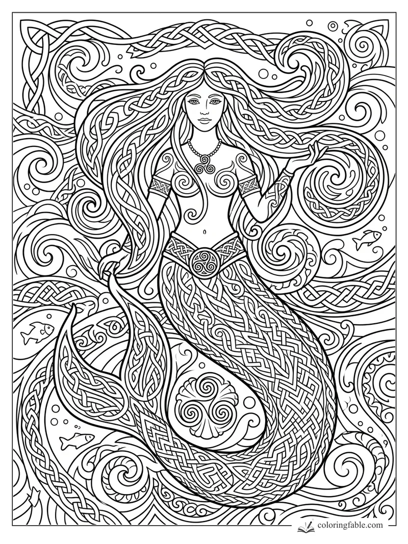 Intricate Celtic mermaid with braided hair, knotwork tail, spiral waves, bubbles, shells, and small fish