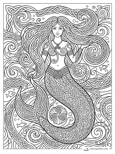 Intricate Celtic mermaid with braided hair, knotwork tail, spiral waves, bubbles, shells, and small fish