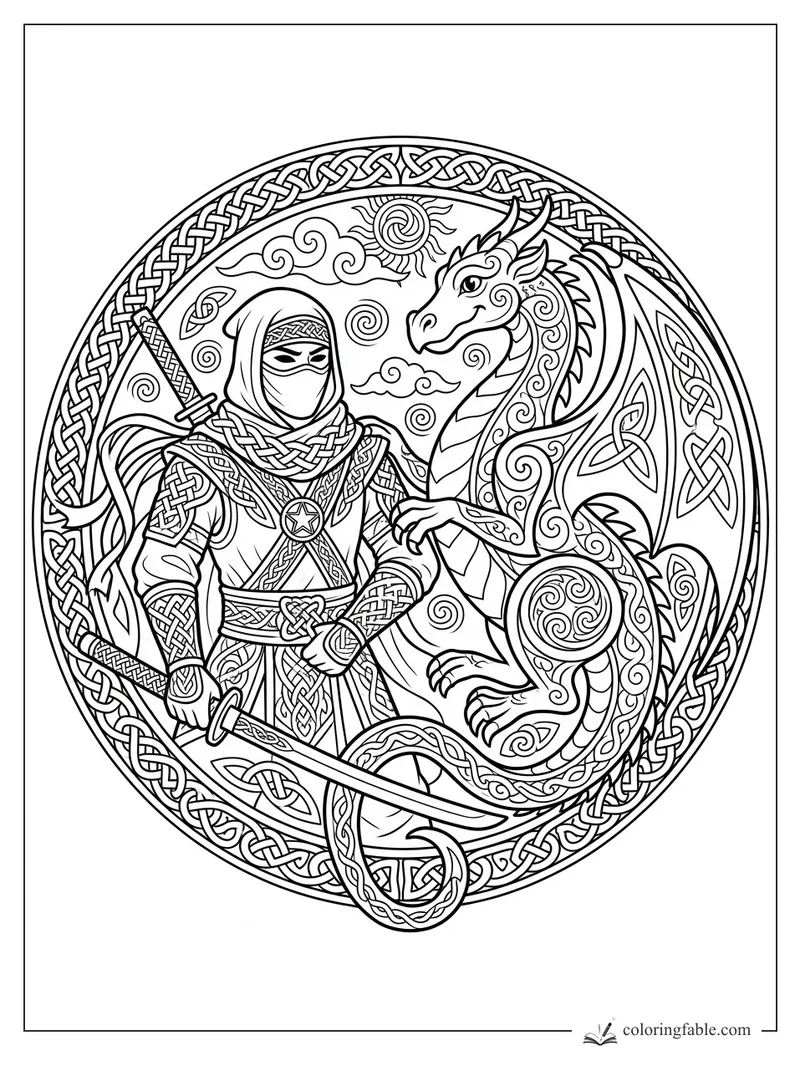 Intricate Celtic ninja with sword beside a patterned dragon inside a circular knot border