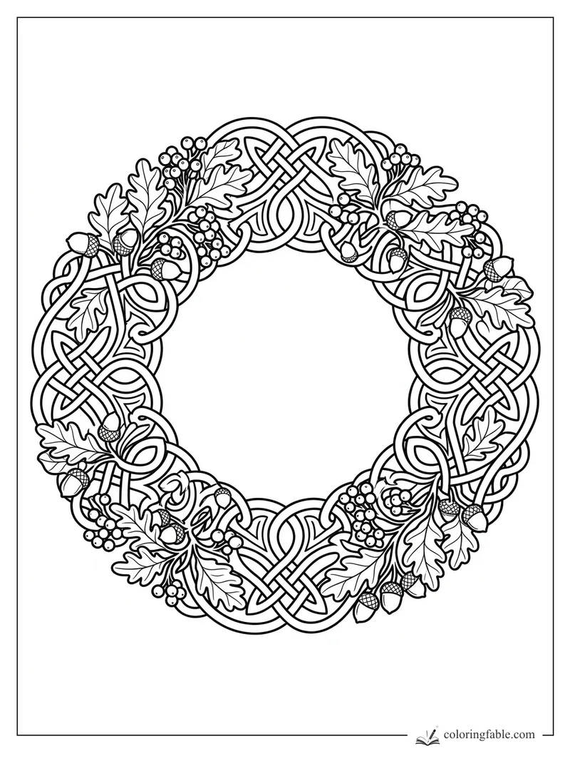 Intricate Celtic fall wreath with oak leaves, acorns, berries, and woven knotwork