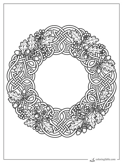 Intricate Celtic fall wreath with oak leaves, acorns, berries, and woven knotwork