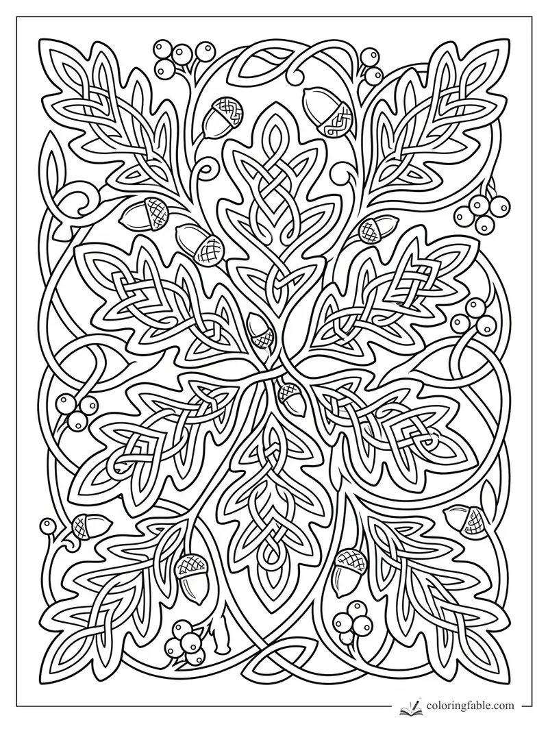 Intricate Celtic oak leaves, acorns, berries, and looping vines for Thanksgiving coloring