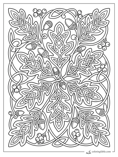 Intricate Celtic oak leaves, acorns, berries, and looping vines for Thanksgiving coloring