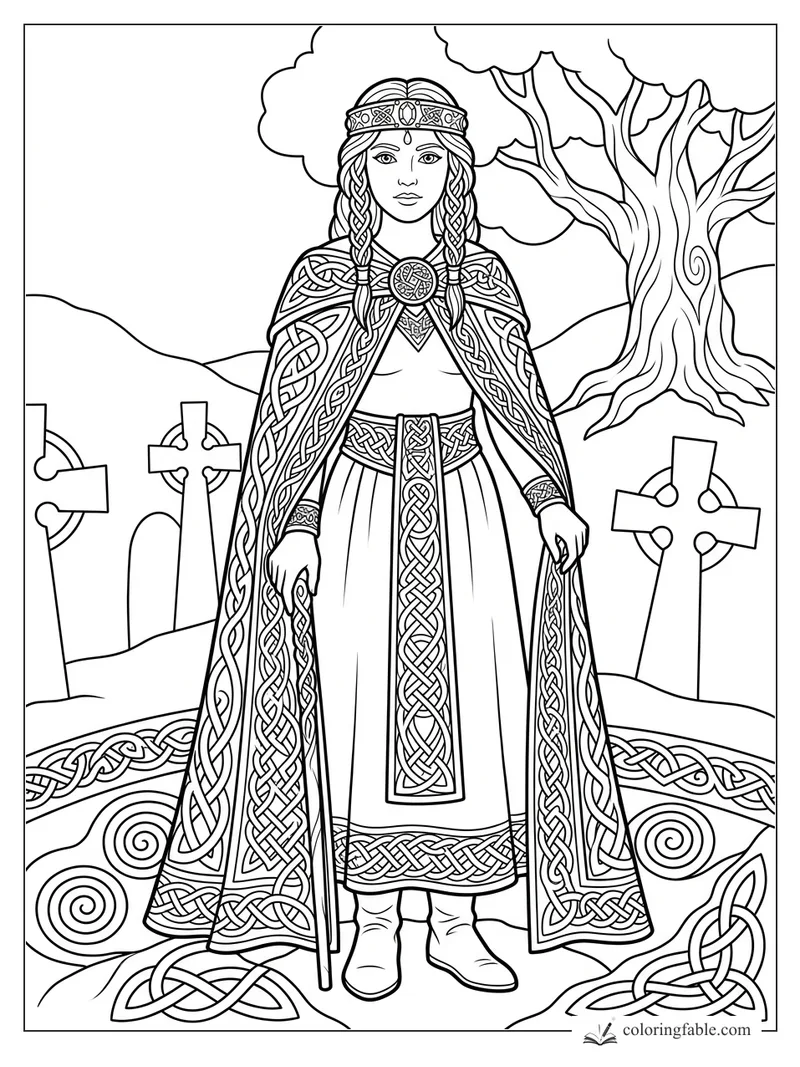 Celtic princess with braided hair, ornate cloak, standing stones, crosses, spirals, and a tree.