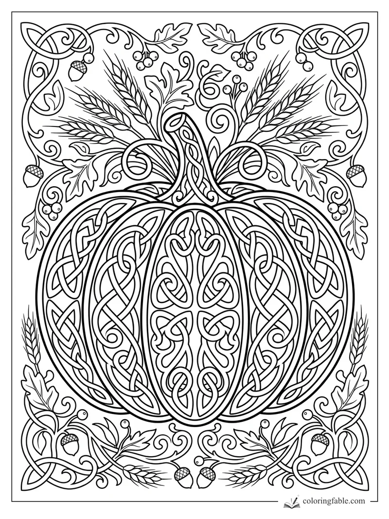 Intricate Celtic pumpkin coloring page with knotwork, wheat stalks, acorns, berries, and oak leaves.