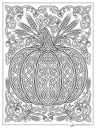 Intricate Celtic pumpkin coloring page with knotwork, wheat stalks, acorns, berries, and oak leaves.