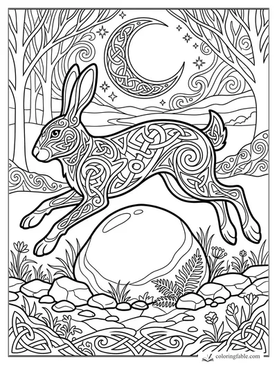 Intricate Celtic rabbit leaping over a stone beneath a knotwork crescent moon in a forest