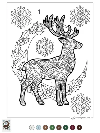 Celtic Reindeer in a Holly Wreath — color by number